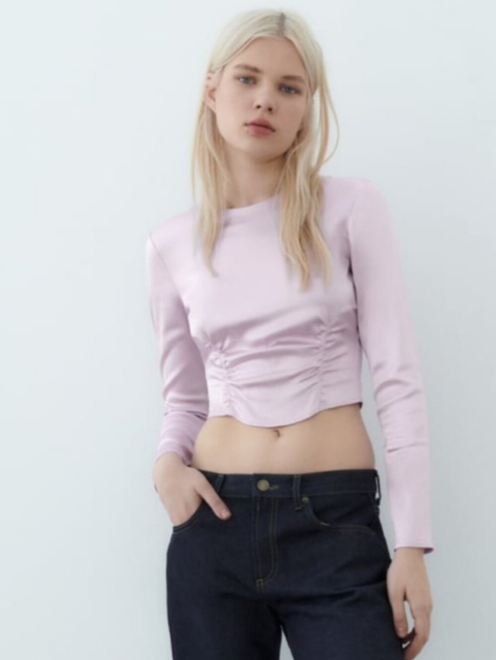 Zara Women’s Lilac Satin Long-Sleeve Cropped Ruched Top Cocktail Party Large